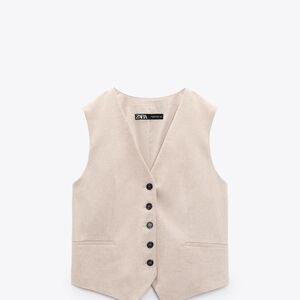 Zara Linen Blend Beige Buttoned Vest